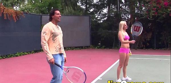  Latina Bombshell Sativa Rose in Nasty Threesome on Tennis Court